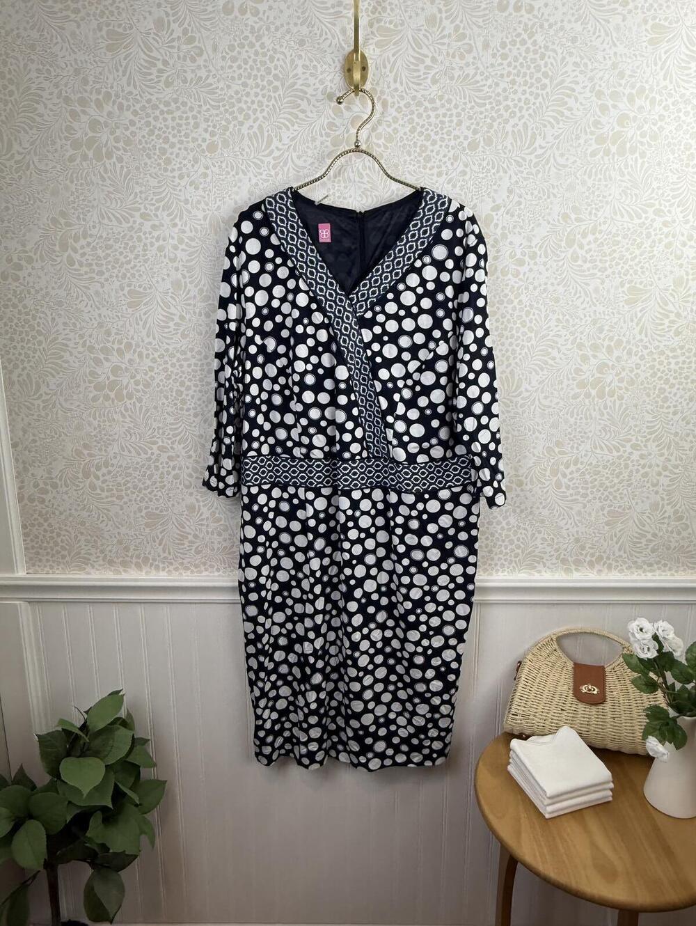 Basler Navy and White Polka Dot 3/4 Sleeve Jersey Knit Dress - Size - 16
